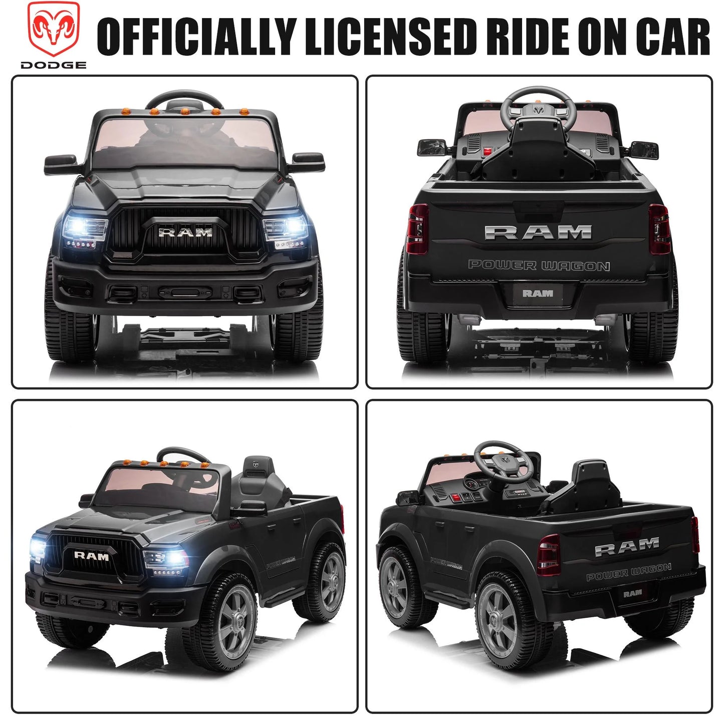 Dodge RAM 2500 Ride on Car for Kids, 12V Powered Ride on Toy with Remote Control, Rear Wheel Suspension, 5 Point Safety Harness, Bluetooth, LED Lights, Electric Vehicles for 3-6 Year Boys, Black