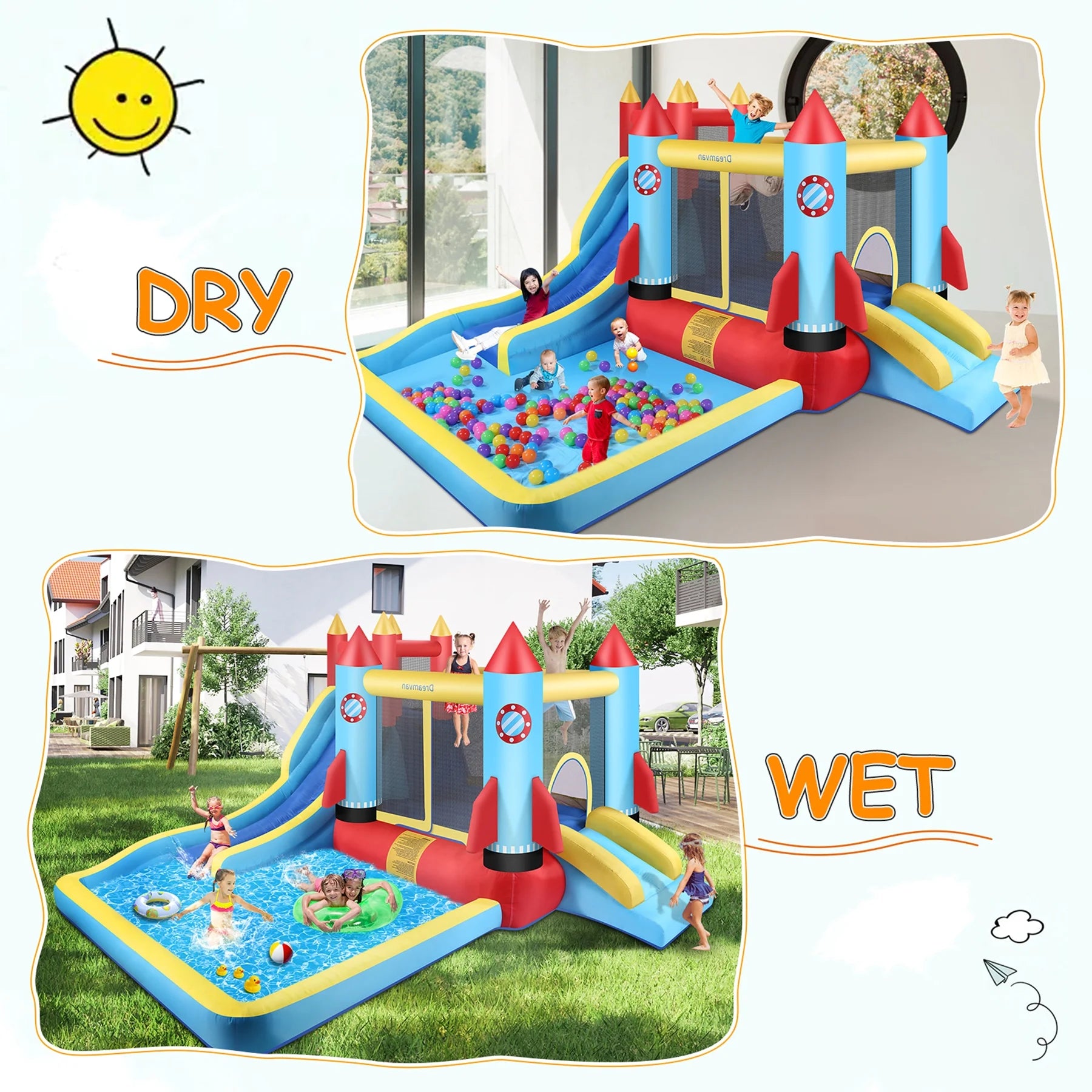 146''X 132'' X 82'' Inflatable Bounce Houses for Kids 3-10 with Blower Double Slide Climbing Wall and Ball Pit/Large Pool Outdoor/Indoor Bouncy House, PVC, Child, Teen, Toddler