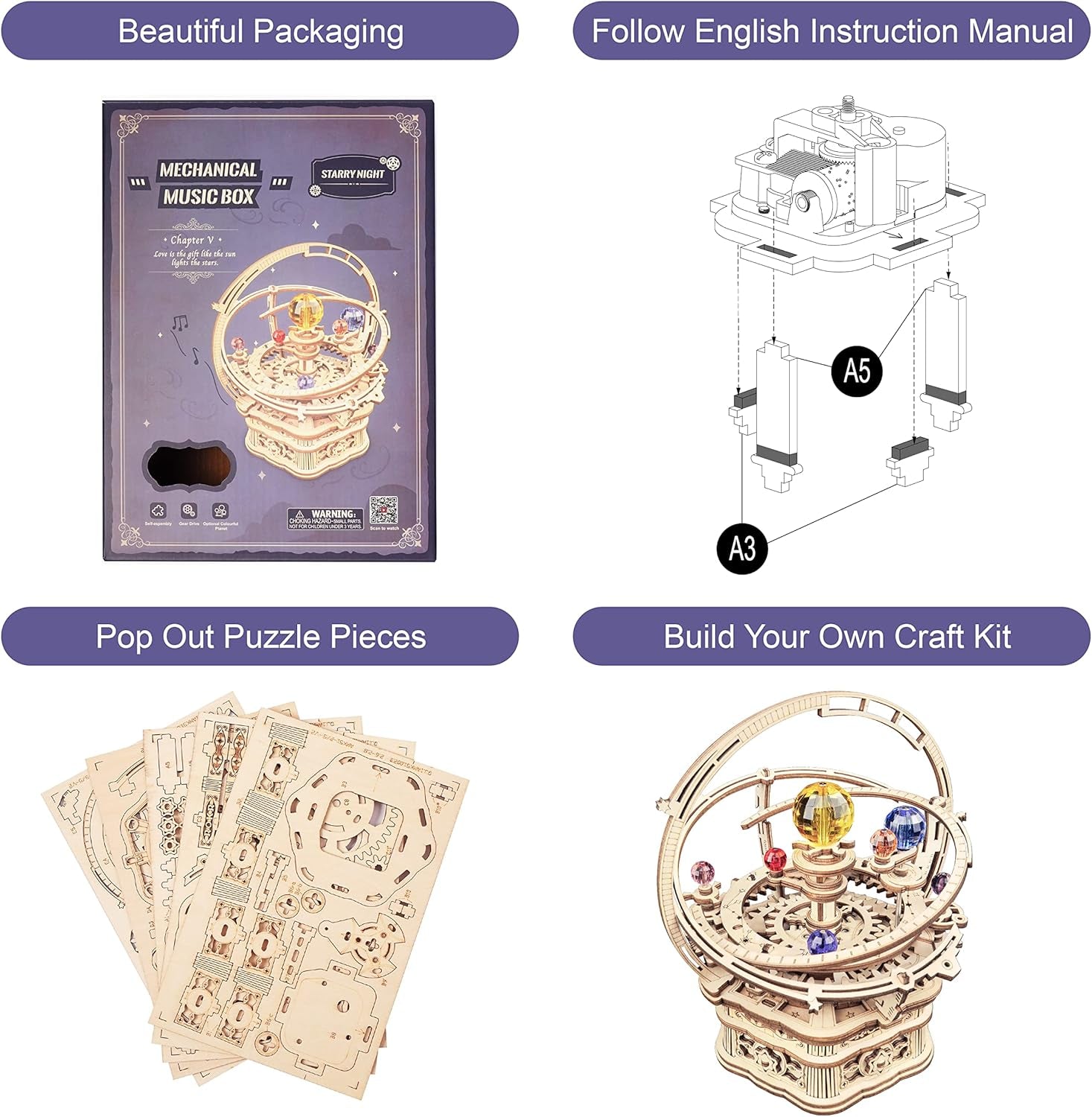 Music Box 3D Puzzles for Adults, DIY Wooden Mechanical Building Model Kits, Rotating Magic Ball Decorative Arts and Crafts, Gift for Adult on Birthday/Christmas - Starry Night