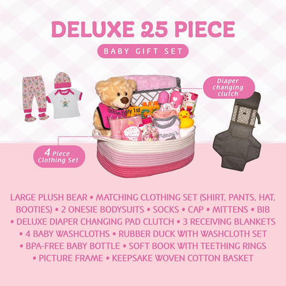 Bundle of Joy Deluxe Baby Girl Gift, Newborn Gift Set, Baby Layette Set with 25-Piece New Baby Essentials, Baby Gift Basket for Expecting Moms and New Parents, Pink - Nikki’S Gift Baskets