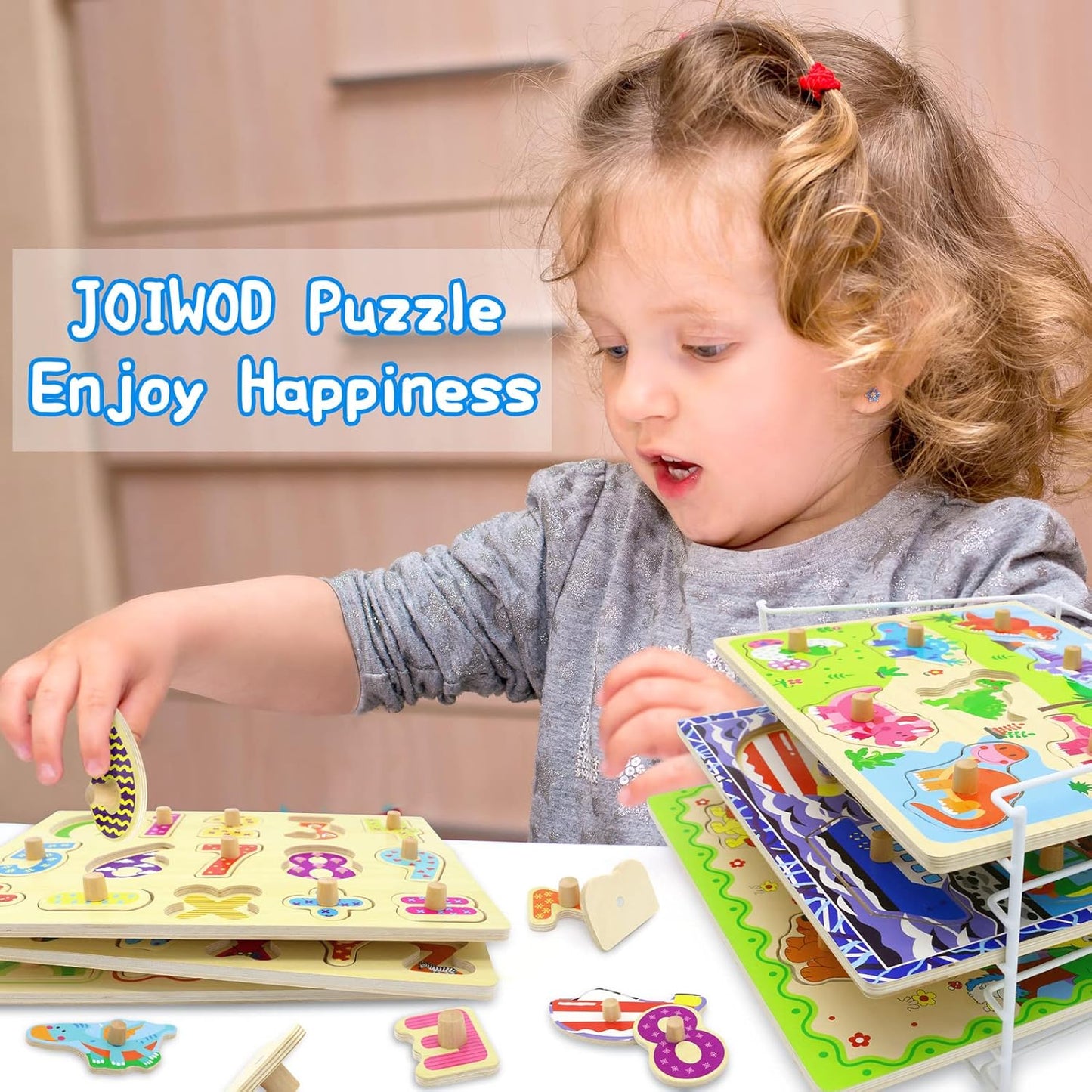 Wooden Puzzles for Toddlers 1-3 6 Pack Alphabet Puzzles with Knobs Number Puzzle for Kids with Wire Puzzle Holder Rack Chunky ABC Puzzle Board Shape Puzzles for Preschool Boys and Girls-Birthday Gift