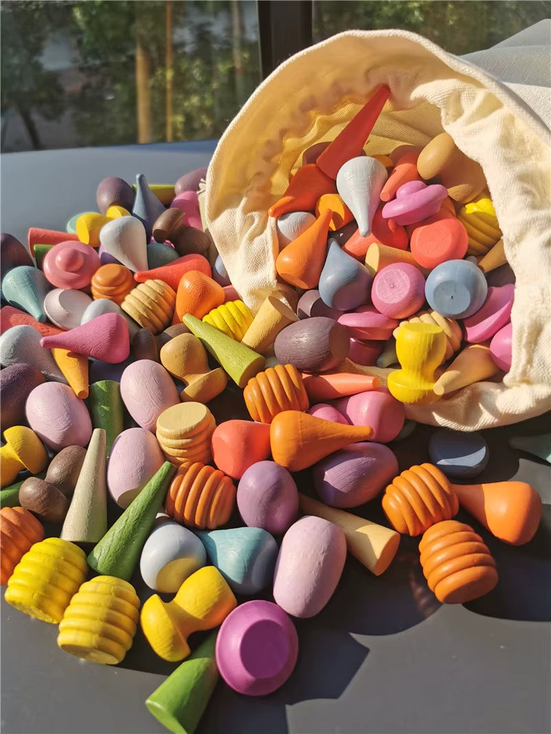 Children Rainbow Wood Blocks Loose Parts Toy Mushrooms Montessori Wooden Droplets Jigsaw