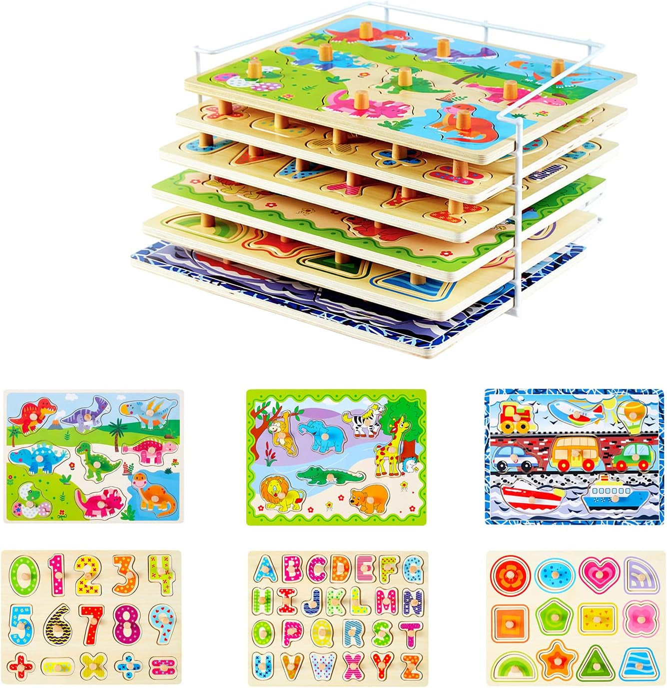 Wooden Puzzles for Toddlers 1-3 6 Pack Alphabet Puzzles with Knobs Number Puzzle for Kids with Wire Puzzle Holder Rack Chunky ABC Puzzle Board Shape Puzzles for Preschool Boys and Girls-Birthday Gift