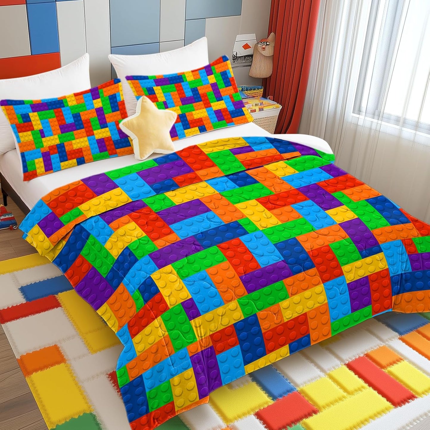 3Pc Comforter Set Colorful Toy Building Blocks Background Pattern Quilt Coverlet Bedspread King Size Fun and Colorful Bedding Sets with 2 Pillow Shams for Kids Teen Boys Girls