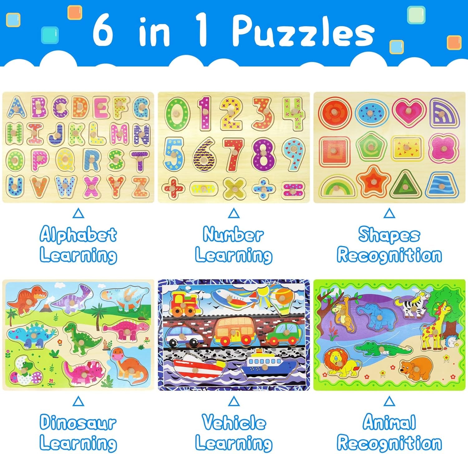 Wooden Puzzles for Toddlers 1-3 6 Pack Alphabet Puzzles with Knobs Number Puzzle for Kids with Wire Puzzle Holder Rack Chunky ABC Puzzle Board Shape Puzzles for Preschool Boys and Girls-Birthday Gift
