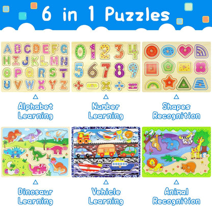 Wooden Puzzles for Toddlers 1-3 6 Pack Alphabet Puzzles with Knobs Number Puzzle for Kids with Wire Puzzle Holder Rack Chunky ABC Puzzle Board Shape Puzzles for Preschool Boys and Girls-Birthday Gift