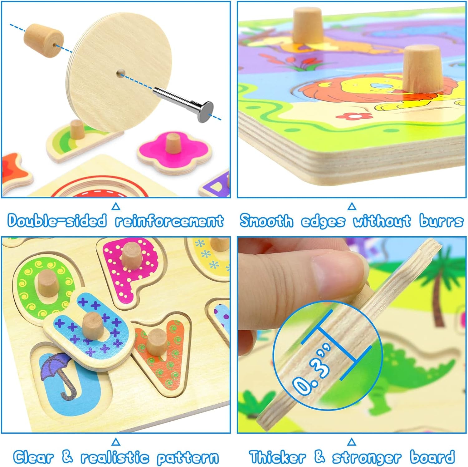 Wooden Puzzles for Toddlers 1-3 6 Pack Alphabet Puzzles with Knobs Number Puzzle for Kids with Wire Puzzle Holder Rack Chunky ABC Puzzle Board Shape Puzzles for Preschool Boys and Girls-Birthday Gift