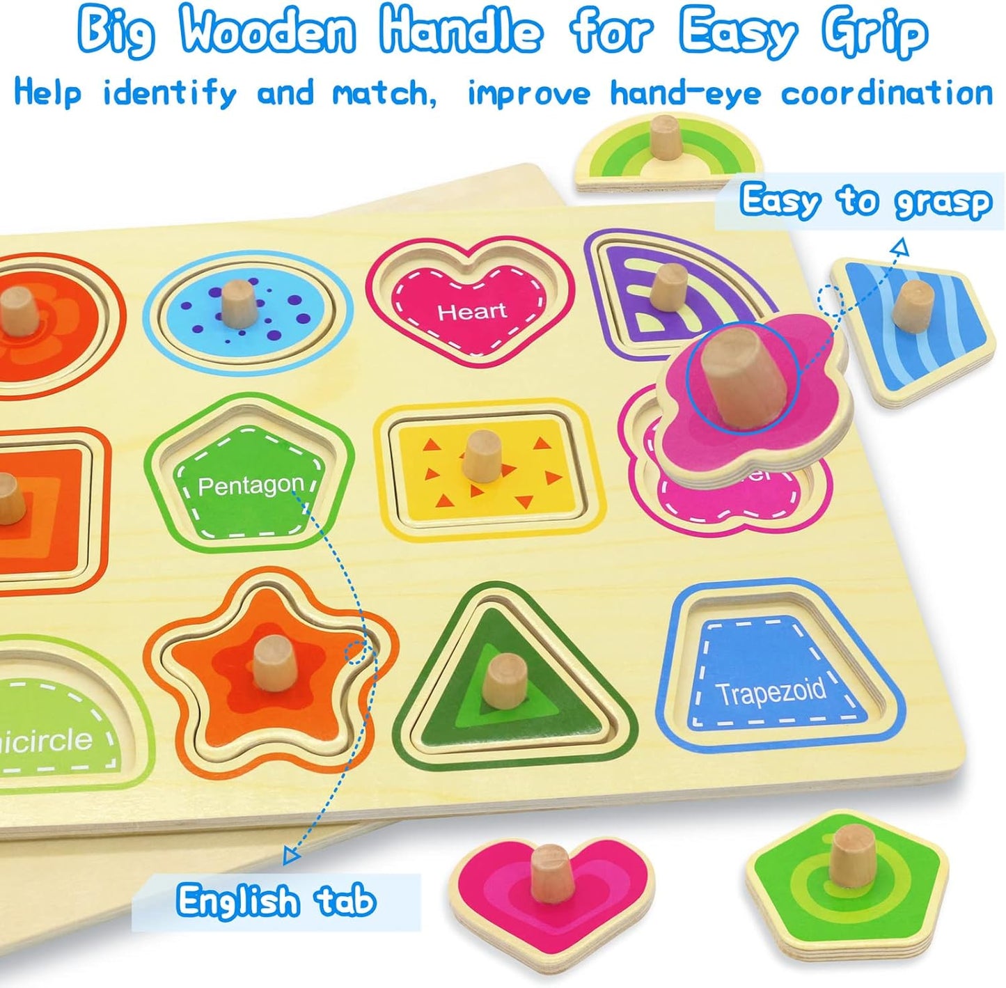 Wooden Puzzles for Toddlers 1-3 6 Pack Alphabet Puzzles with Knobs Number Puzzle for Kids with Wire Puzzle Holder Rack Chunky ABC Puzzle Board Shape Puzzles for Preschool Boys and Girls-Birthday Gift