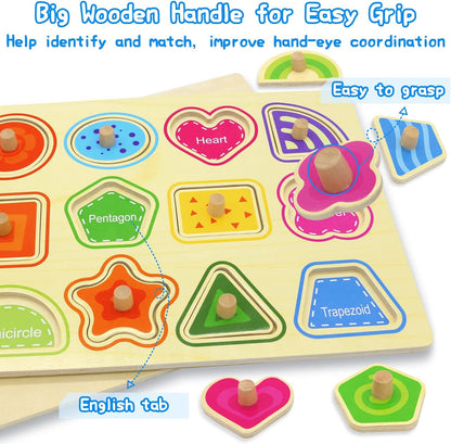 Wooden Puzzles for Toddlers 1-3 6 Pack Alphabet Puzzles with Knobs Number Puzzle for Kids with Wire Puzzle Holder Rack Chunky ABC Puzzle Board Shape Puzzles for Preschool Boys and Girls-Birthday Gift