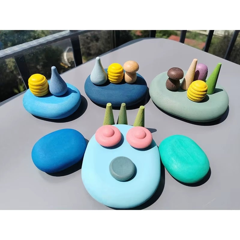Children Rainbow Wood Blocks Loose Parts Toy Mushrooms Montessori Wooden Droplets Jigsaw