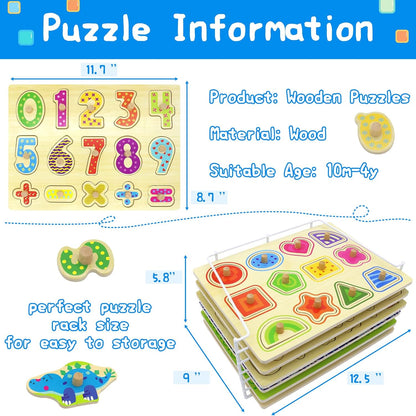 Wooden Puzzles for Toddlers 1-3 6 Pack Alphabet Puzzles with Knobs Number Puzzle for Kids with Wire Puzzle Holder Rack Chunky ABC Puzzle Board Shape Puzzles for Preschool Boys and Girls-Birthday Gift