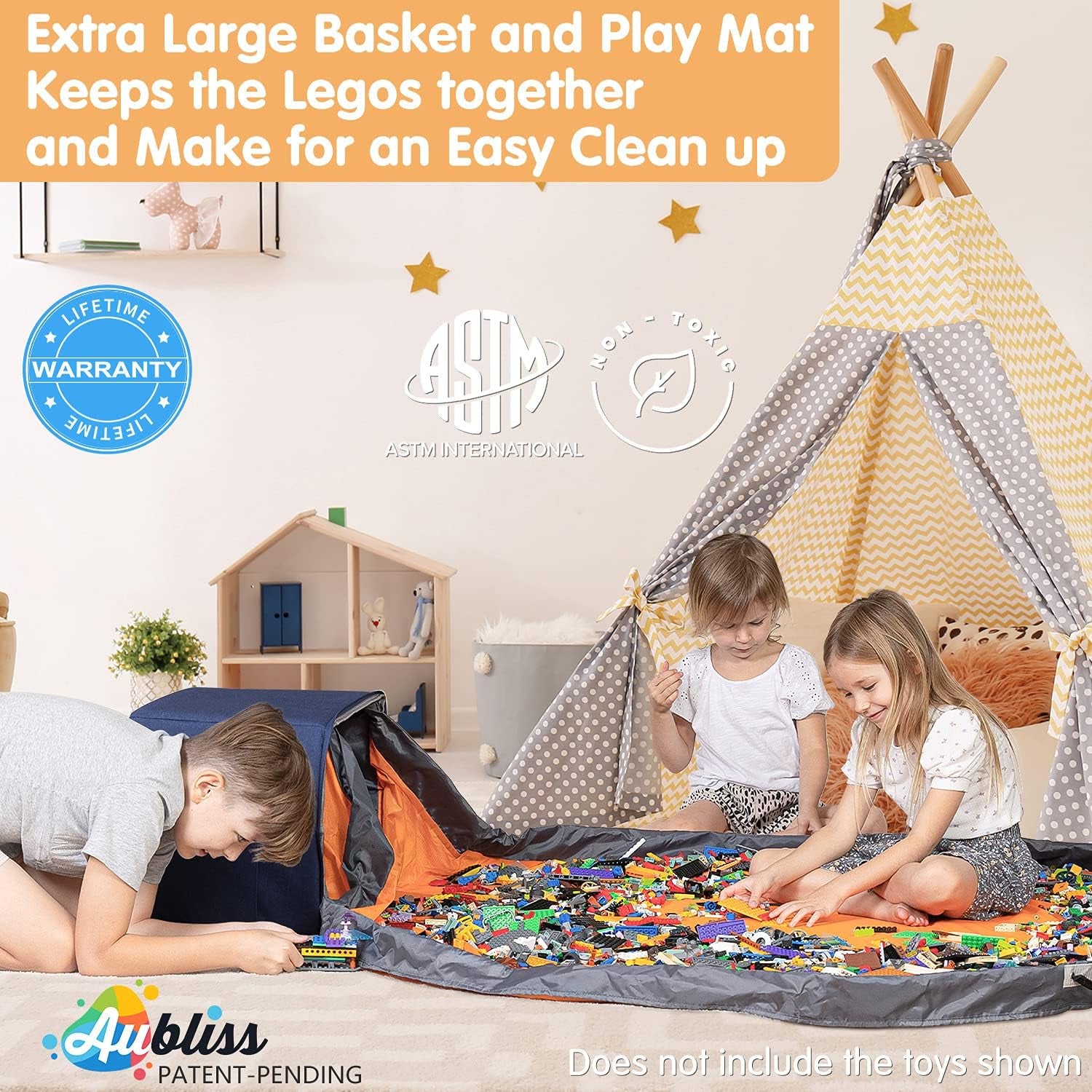 Toy Storage Basket and Play Mat - Extra Large - 13.5'' Cubic Toy Quick Storage Bag with Zipper Lid and Inner Structure, Premium Oxford Toy Storage Organizer for Kids