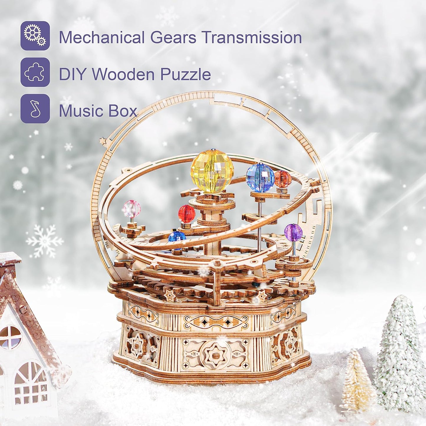 Music Box 3D Puzzles for Adults, DIY Wooden Mechanical Building Model Kits, Rotating Magic Ball Decorative Arts and Crafts, Gift for Adult on Birthday/Christmas - Starry Night