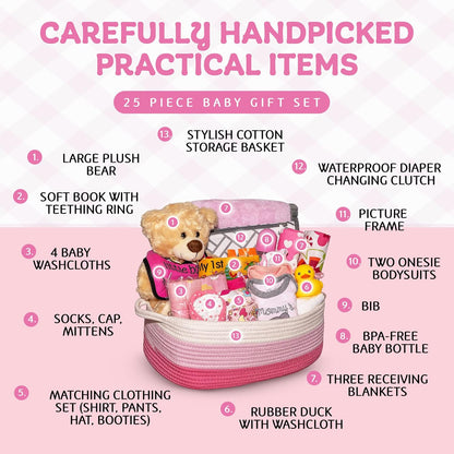 Bundle of Joy Deluxe Baby Girl Gift, Newborn Gift Set, Baby Layette Set with 25-Piece New Baby Essentials, Baby Gift Basket for Expecting Moms and New Parents, Pink - Nikki’S Gift Baskets