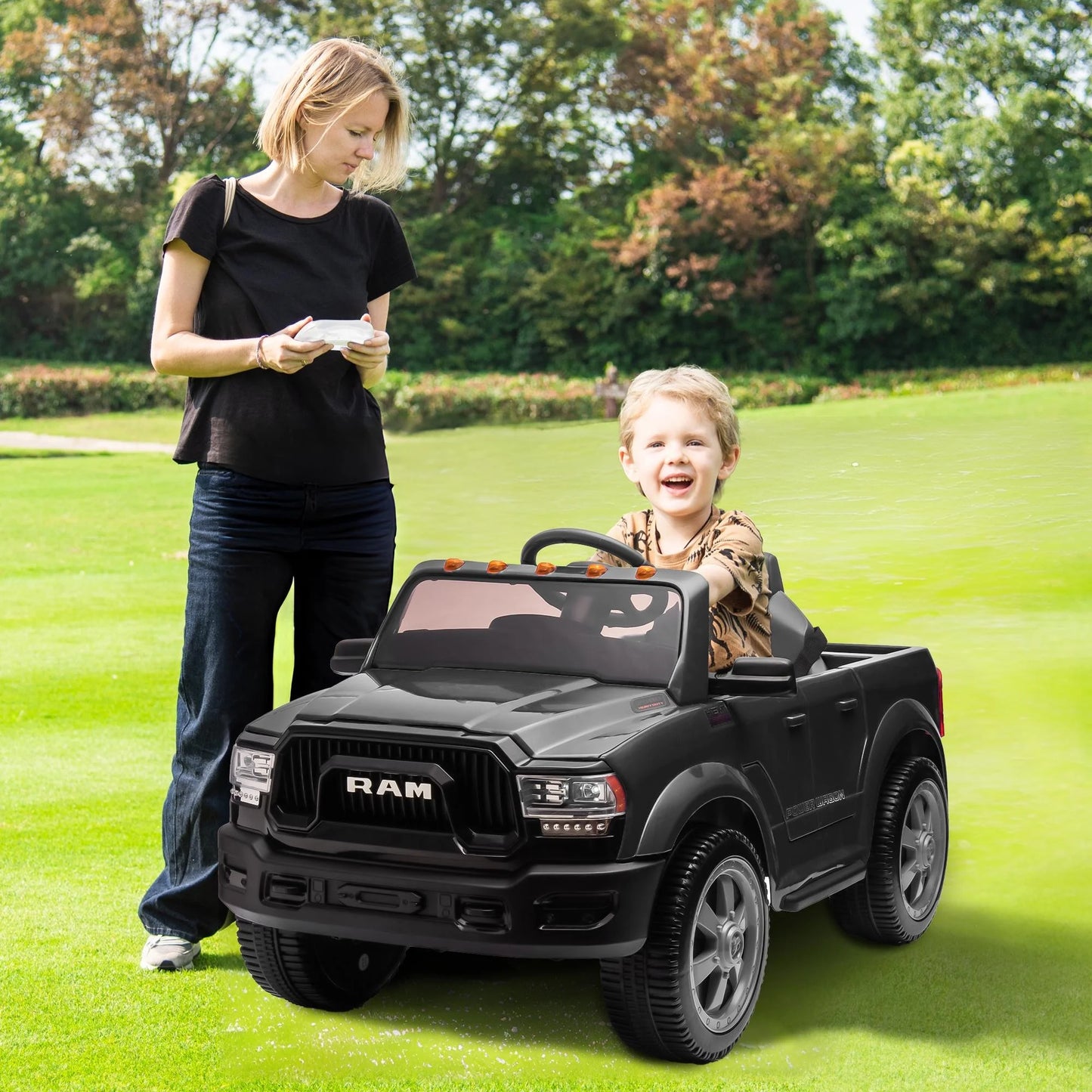 Dodge RAM 2500 Ride on Car for Kids, 12V Powered Ride on Toy with Remote Control, Rear Wheel Suspension, 5 Point Safety Harness, Bluetooth, LED Lights, Electric Vehicles for 3-6 Year Boys, Black