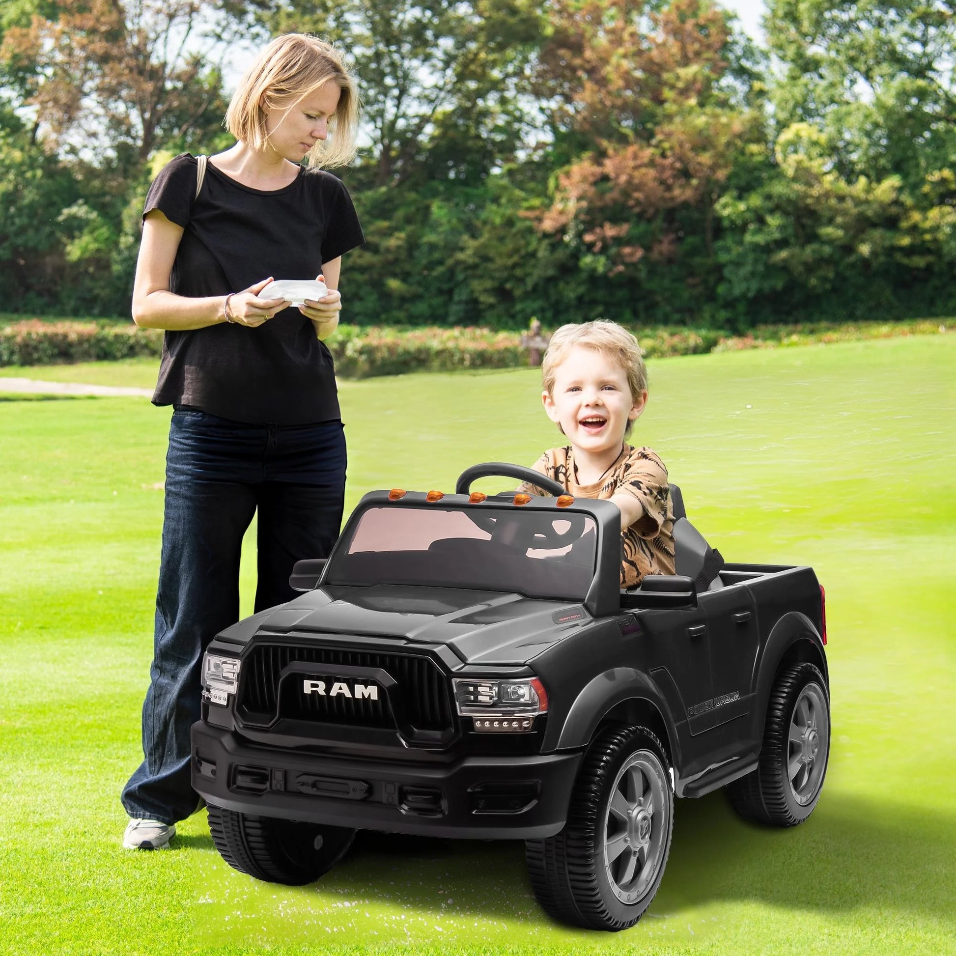 Dodge RAM 2500 Ride on Car for Kids, 12V Powered Ride on Toy with Remote Control, Rear Wheel Suspension, 5 Point Safety Harness, Bluetooth, LED Lights, Electric Vehicles for 3-6 Year Boys, Black