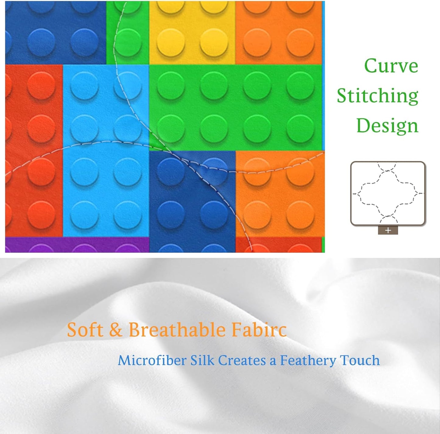 3Pc Comforter Set Colorful Toy Building Blocks Background Pattern Quilt Coverlet Bedspread King Size Fun and Colorful Bedding Sets with 2 Pillow Shams for Kids Teen Boys Girls