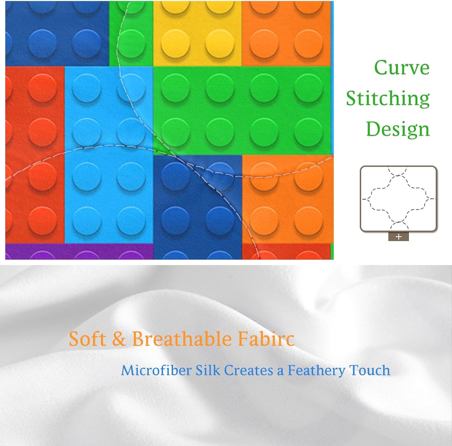 3Pc Comforter Set Colorful Toy Building Blocks Background Pattern Quilt Coverlet Bedspread King Size Fun and Colorful Bedding Sets with 2 Pillow Shams for Kids Teen Boys Girls