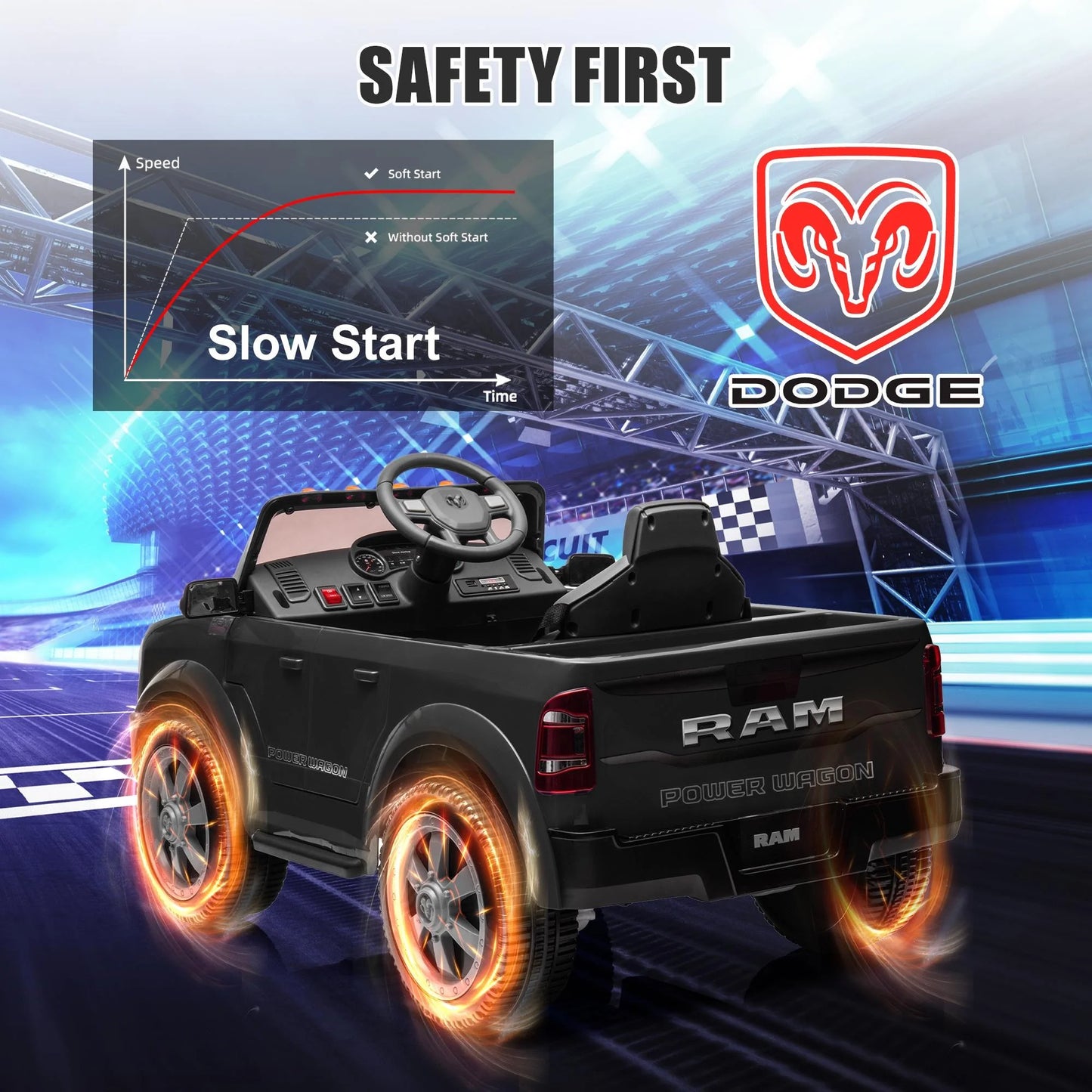 Dodge RAM 2500 Ride on Car for Kids, 12V Powered Ride on Toy with Remote Control, Rear Wheel Suspension, 5 Point Safety Harness, Bluetooth, LED Lights, Electric Vehicles for 3-6 Year Boys, Black