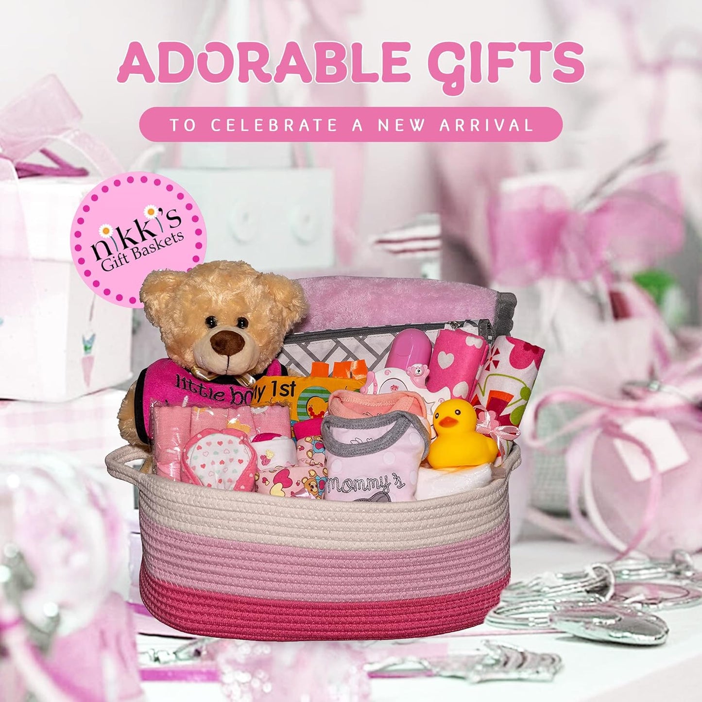 Bundle of Joy Deluxe Baby Girl Gift, Newborn Gift Set, Baby Layette Set with 25-Piece New Baby Essentials, Baby Gift Basket for Expecting Moms and New Parents, Pink - Nikki’S Gift Baskets