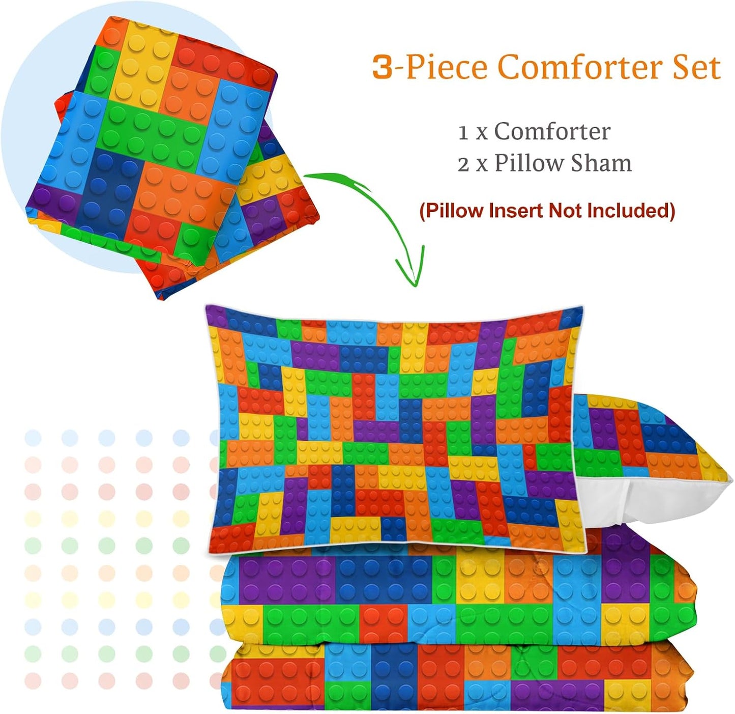 3Pc Comforter Set Colorful Toy Building Blocks Background Pattern Quilt Coverlet Bedspread King Size Fun and Colorful Bedding Sets with 2 Pillow Shams for Kids Teen Boys Girls