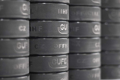 12-Pack Official Ice Hockey Pucks - Made in Czech Republic - Durable Rubber with Smooth Sides, Dimpled Side Walls - Regulation Size - Diameter 3”, Thickness 1”, 6Oz, Black