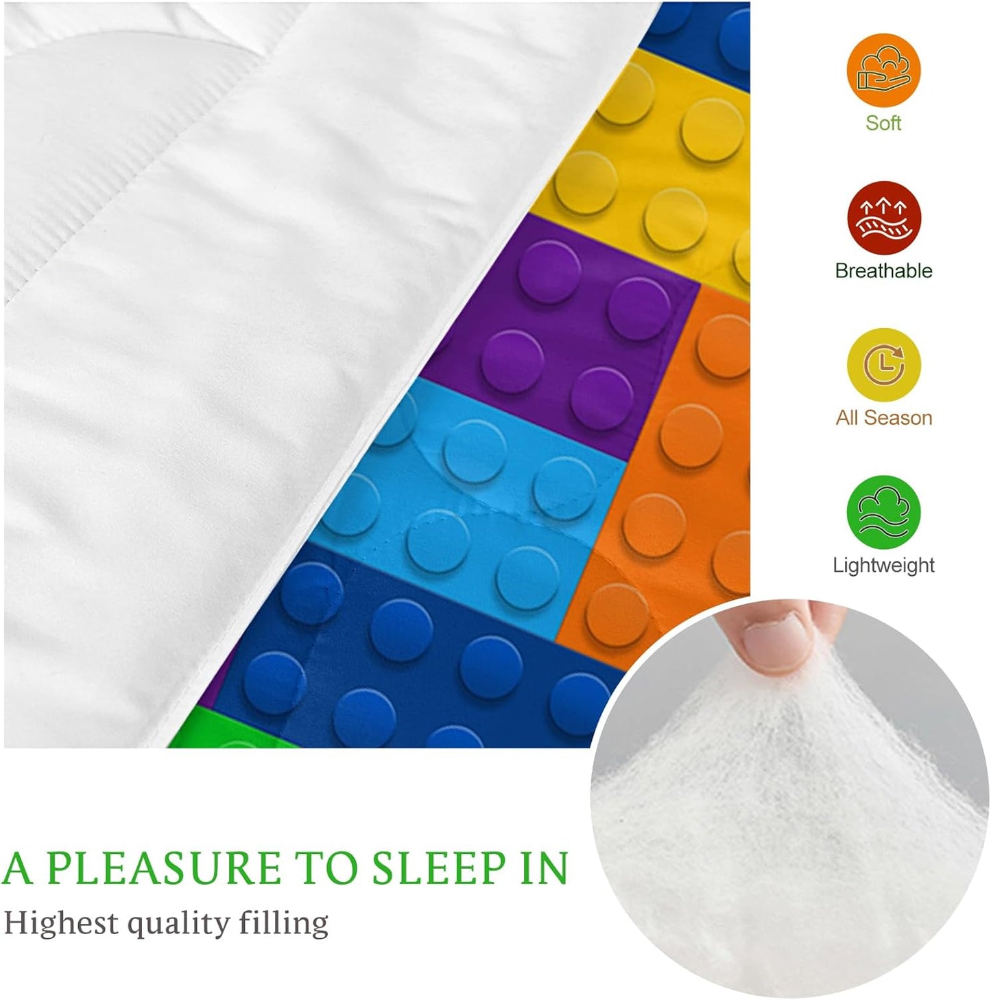 3Pc Comforter Set Colorful Toy Building Blocks Background Pattern Quilt Coverlet Bedspread King Size Fun and Colorful Bedding Sets with 2 Pillow Shams for Kids Teen Boys Girls