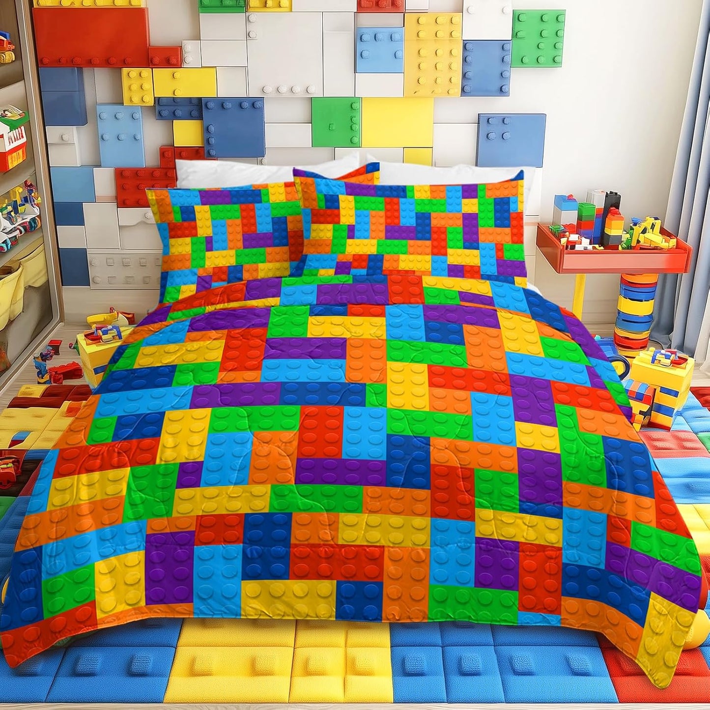 3Pc Comforter Set Colorful Toy Building Blocks Background Pattern Quilt Coverlet Bedspread King Size Fun and Colorful Bedding Sets with 2 Pillow Shams for Kids Teen Boys Girls