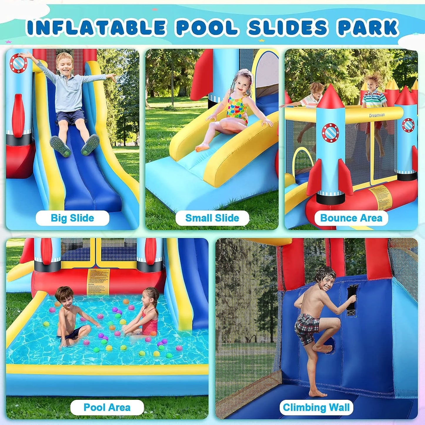 146''X 132'' X 82'' Inflatable Bounce Houses for Kids 3-10 with Blower Double Slide Climbing Wall and Ball Pit/Large Pool Outdoor/Indoor Bouncy House, PVC, Child, Teen, Toddler